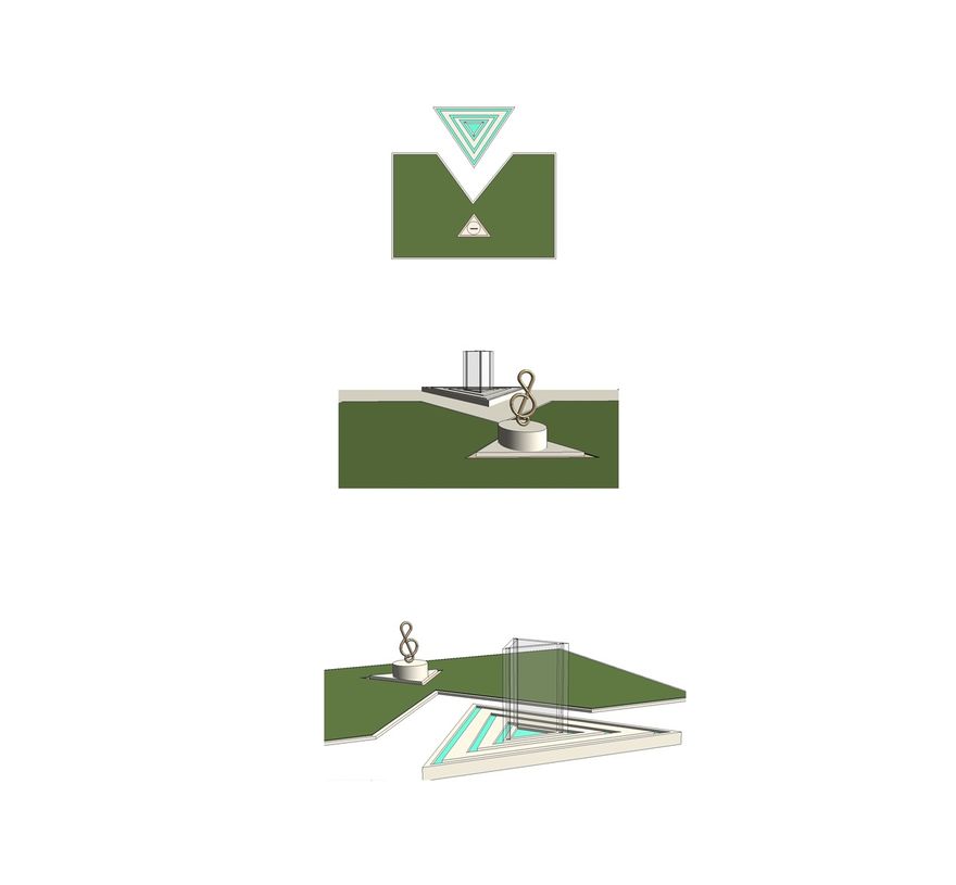 Plan view and elements for a Fontain developed. As materials glass used in a triangle form.