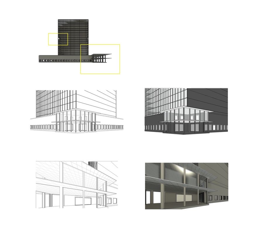 Entre in an office department located from both sides of a facade , these are similar in constructive solution.